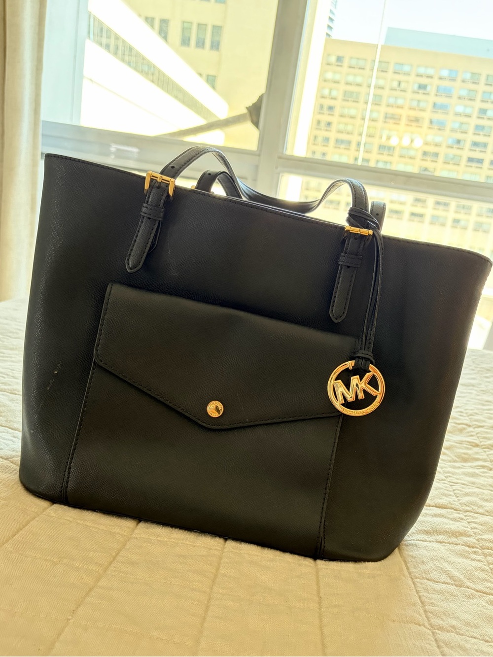 Michael Kors Black Saffiano Tote with Gold MK Charm